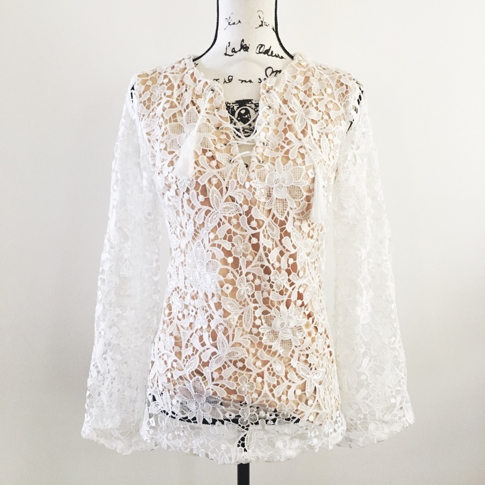 INC Floral White Beige Lace V Neck Top